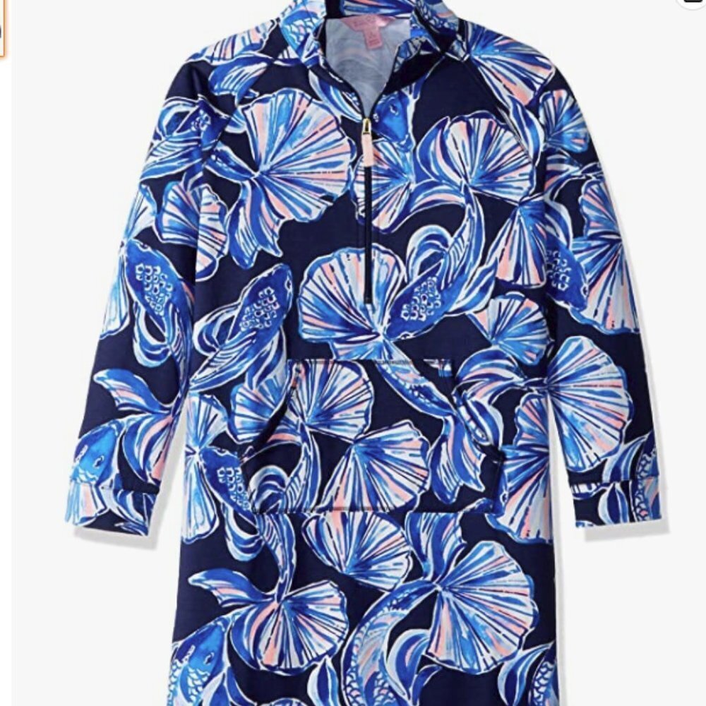 Lilly Pulitzer Girls Mini Skipper Dress Bright Navy in Reel Life Size LARGE EUC